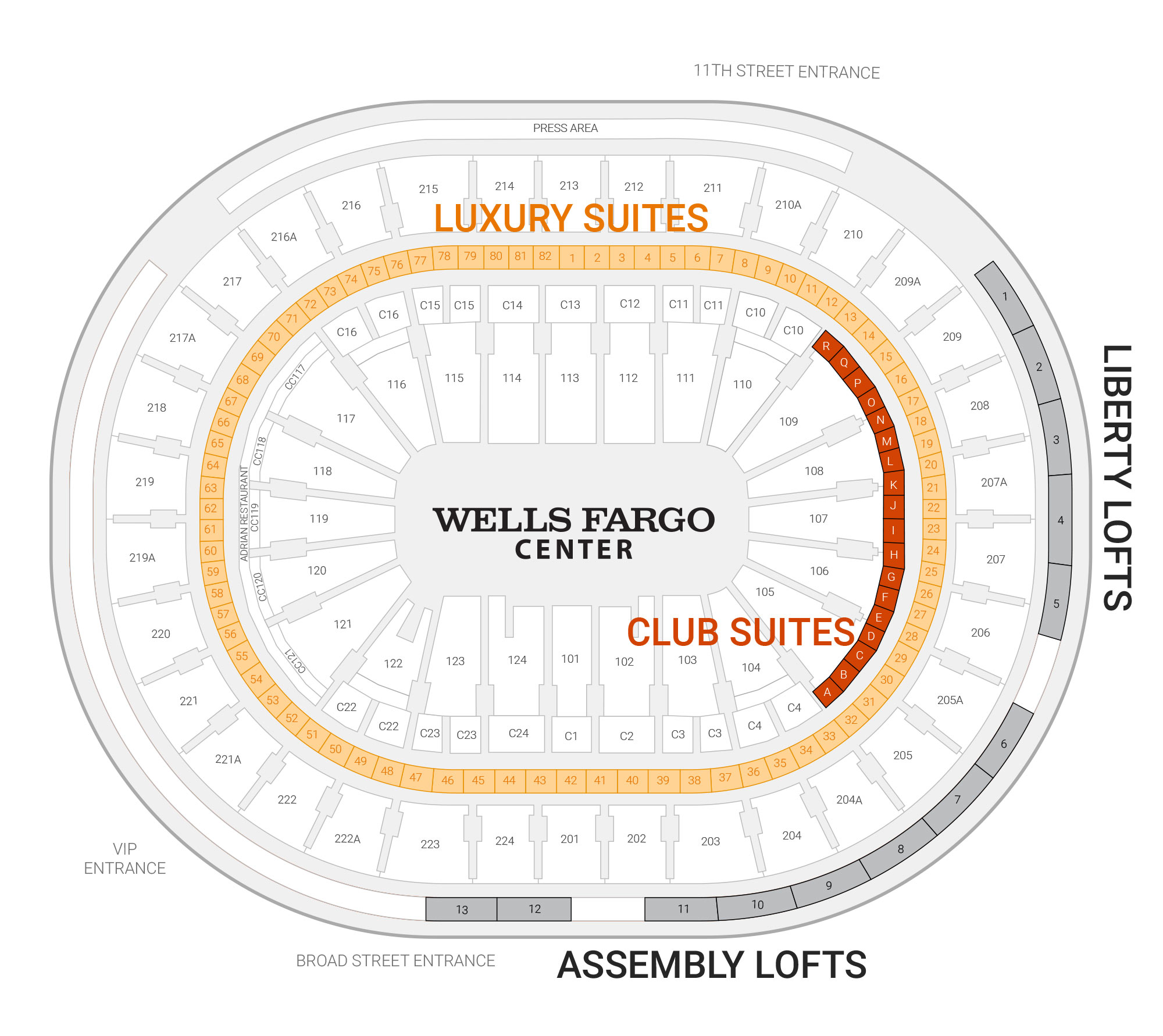 Wells Fargo Center /  Suite Map and Seating Chart