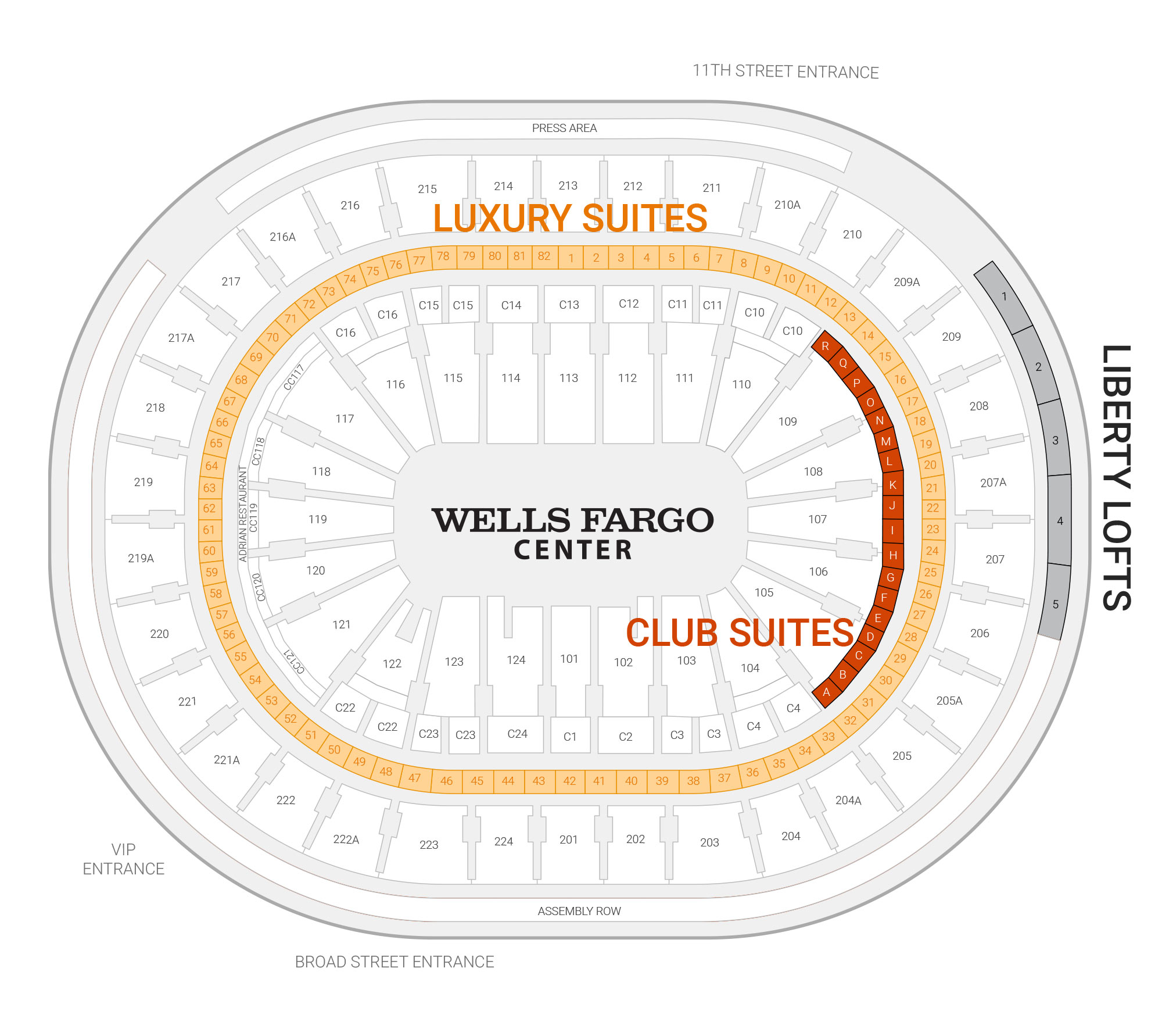 Wells Fargo Center /  Suite Map and Seating Chart